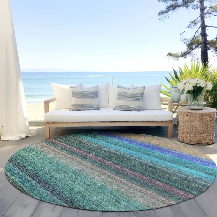 8' Sage Teal Blue And Tan Round Striped Washable Indoor Outdoor Area Rug