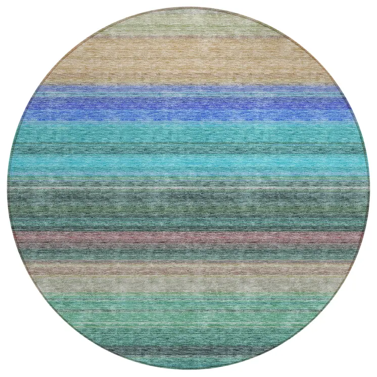 8' Sage Teal Blue And Tan Round Striped Washable Indoor Outdoor Area Rug