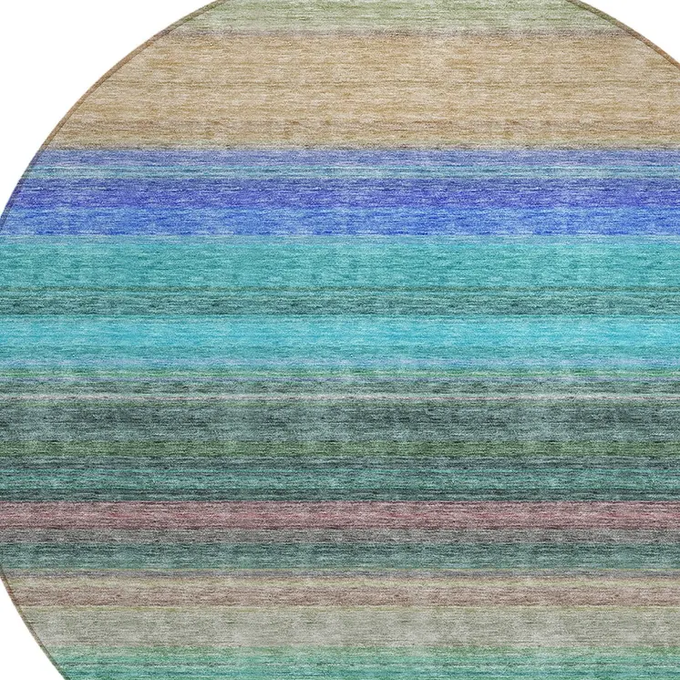 8' Sage Teal Blue And Tan Round Striped Washable Indoor Outdoor Area Rug