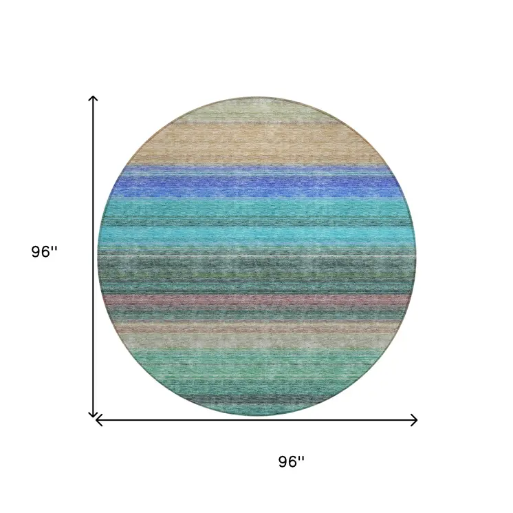 8' Sage Teal Blue And Tan Round Striped Washable Indoor Outdoor Area Rug