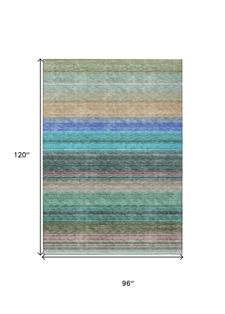 8' X 10' Sage Teal Blue And Tan Striped Washable Indoor Outdoor Area Rug