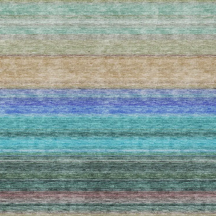 8' X 10' Sage Teal Blue And Tan Striped Washable Indoor Outdoor Area Rug