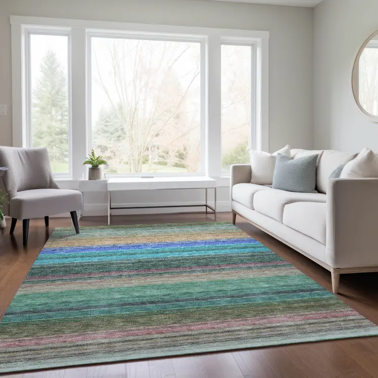 8' X 10' Sage Teal Blue And Tan Striped Washable Indoor Outdoor Area Rug