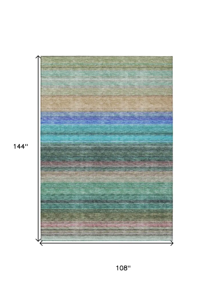 9' X 12' Sage Teal Blue And Tan Striped Washable Indoor Outdoor Area Rug