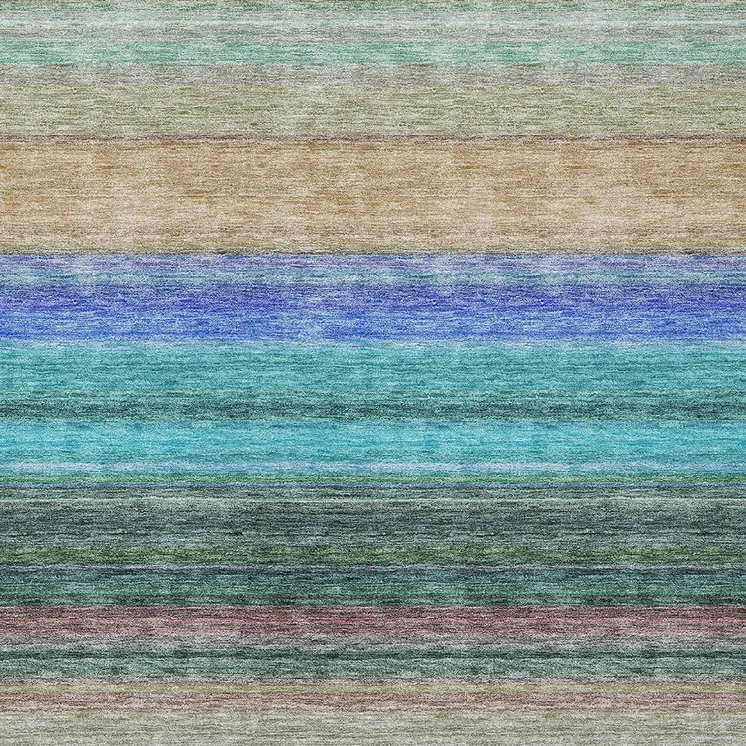 9' X 12' Sage Teal Blue And Tan Striped Washable Indoor Outdoor Area Rug