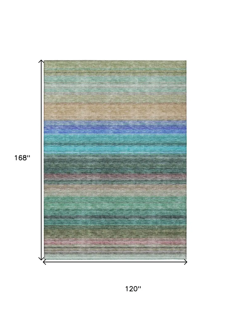 10' X 14' Sage Teal Blue And Tan Striped Washable Indoor Outdoor Area Rug