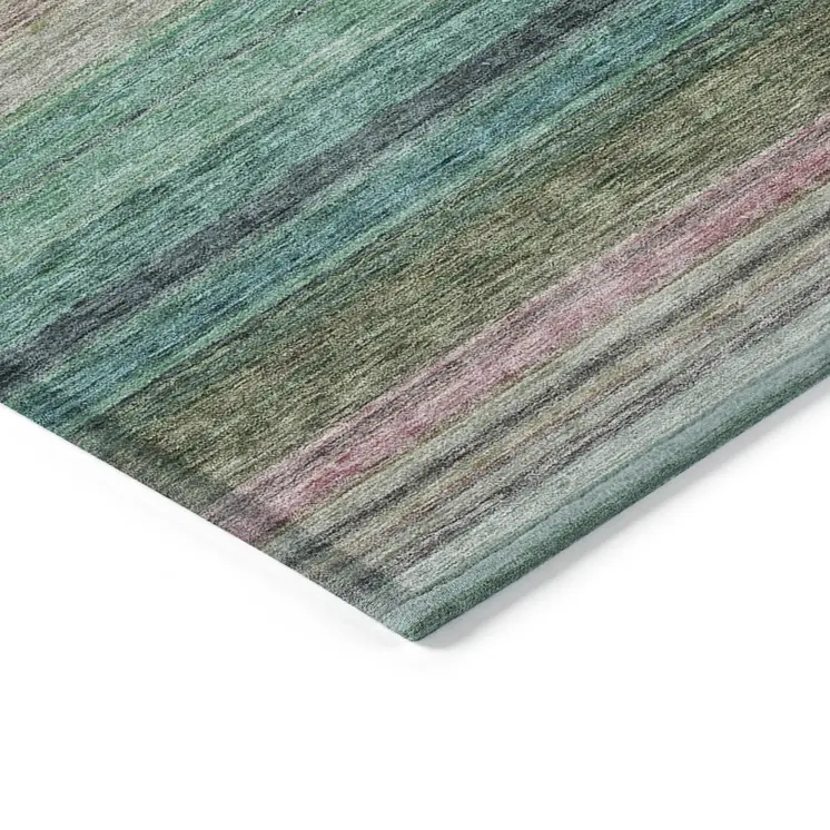10' X 14' Sage Teal Blue And Tan Striped Washable Indoor Outdoor Area Rug
