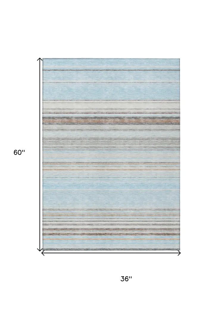3' X 5' Sky Blue Gray And Beige Striped Washable Indoor Outdoor Area Rug