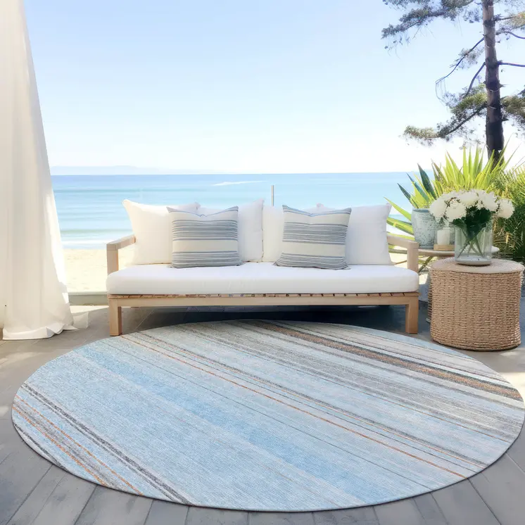 8' Sky Blue Gray And Beige Round Striped Washable Indoor Outdoor Area Rug