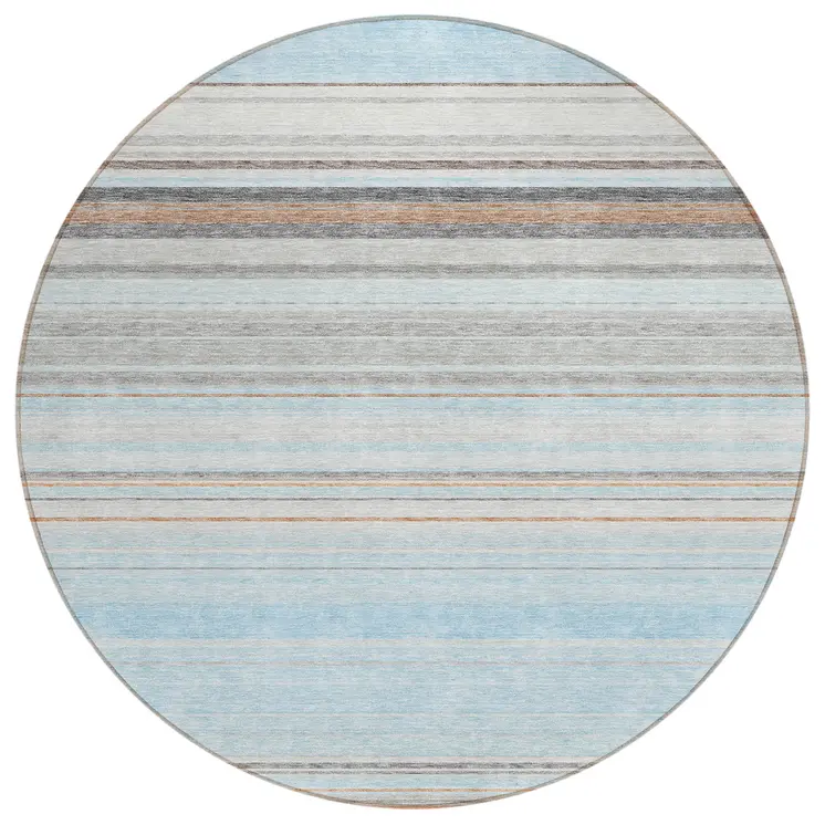 8' Sky Blue Gray And Beige Round Striped Washable Indoor Outdoor Area Rug