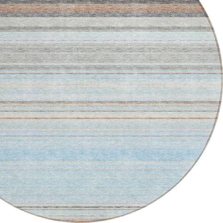 8' Sky Blue Gray And Beige Round Striped Washable Indoor Outdoor Area Rug