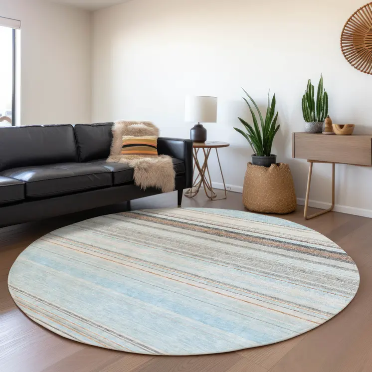 8' Sky Blue Gray And Beige Round Striped Washable Indoor Outdoor Area Rug