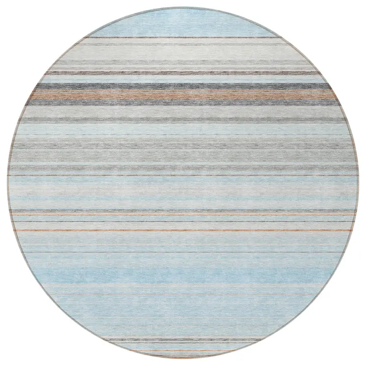 8' Sky Blue Gray And Beige Round Striped Washable Indoor Outdoor Area Rug