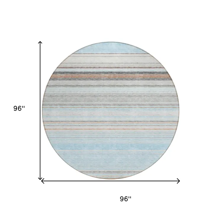 8' Sky Blue Gray And Beige Round Striped Washable Indoor Outdoor Area Rug