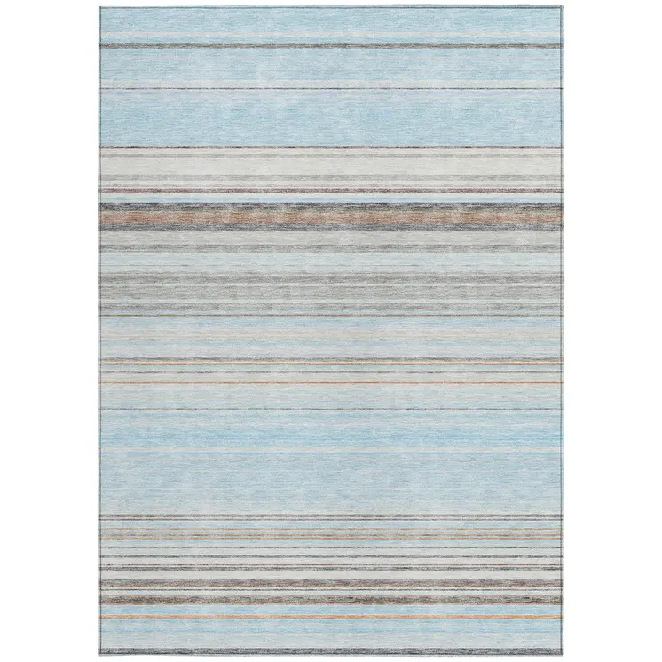 10' X 14' Sky Blue Gray And Beige Striped Washable Indoor Outdoor Area Rug