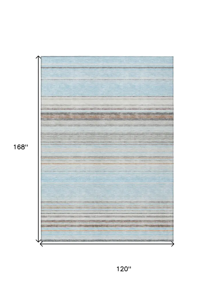 10' X 14' Sky Blue Gray And Beige Striped Washable Indoor Outdoor Area Rug