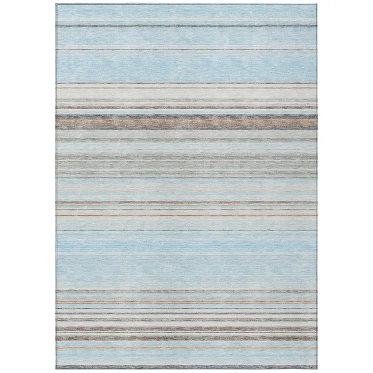 10' X 14' Sky Blue Gray And Beige Striped Washable Indoor Outdoor Area Rug