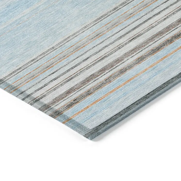 10' X 14' Sky Blue Gray And Beige Striped Washable Indoor Outdoor Area Rug