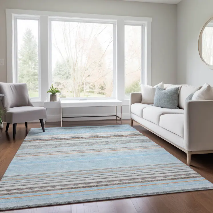 10' X 14' Sky Blue Gray And Beige Striped Washable Indoor Outdoor Area Rug