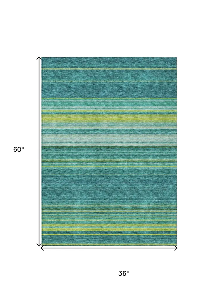 3' X 5' Teal Blue Lime Green And Turquoise Striped Washable Indoor Outdoor Area Rug