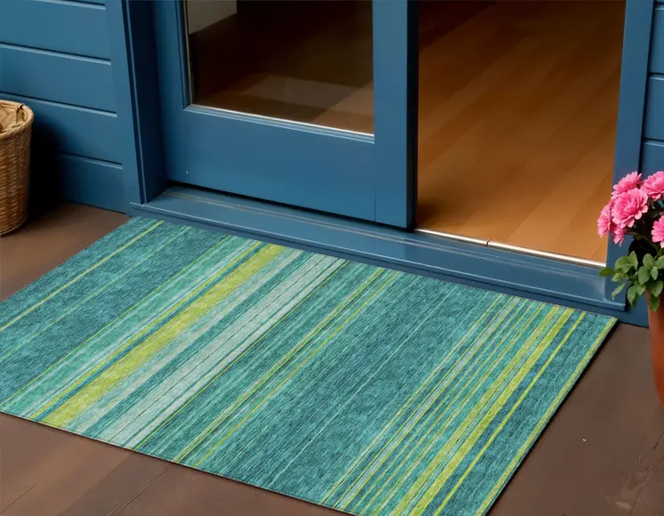 3' X 5' Teal Blue Lime Green And Turquoise Striped Washable Indoor Outdoor Area Rug