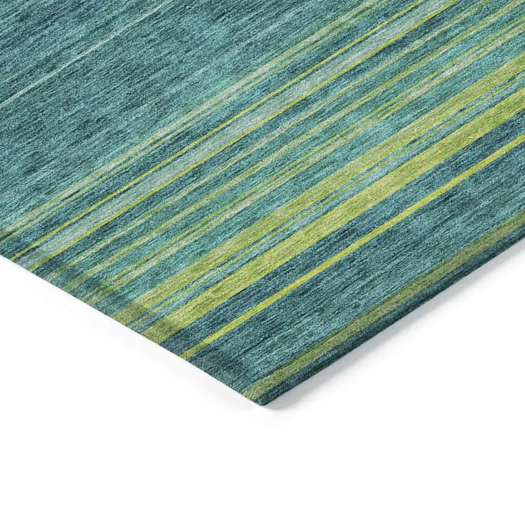 3' X 5' Teal Blue Lime Green And Turquoise Striped Washable Indoor Outdoor Area Rug
