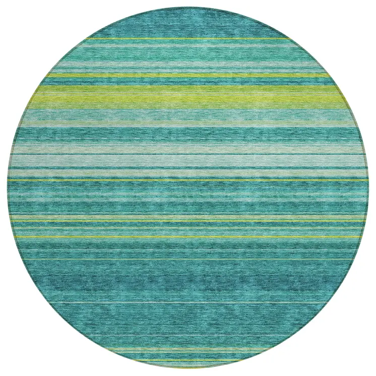 8' Teal Blue Lime Green And Turquoise Round Striped Washable Indoor Outdoor Area Rug