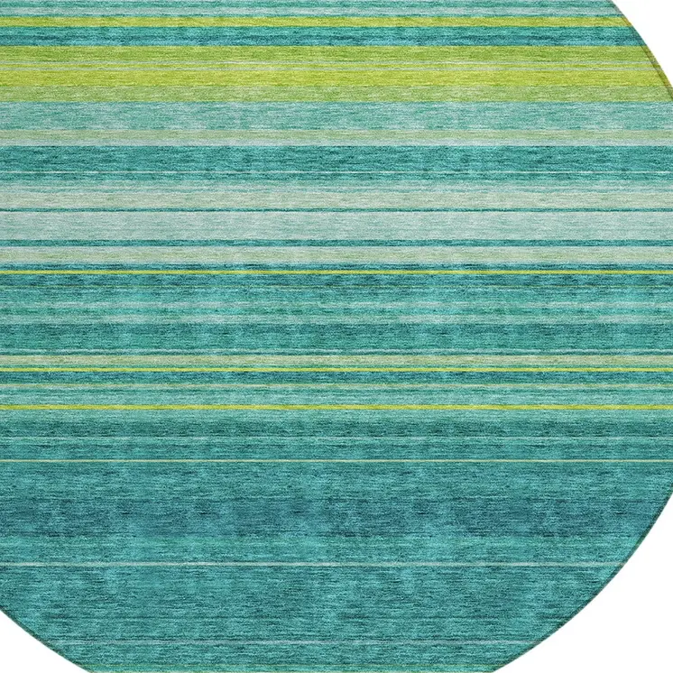 8' Teal Blue Lime Green And Turquoise Round Striped Washable Indoor Outdoor Area Rug