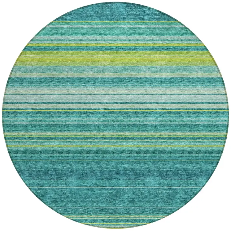 8' Teal Blue Lime Green And Turquoise Round Striped Washable Indoor Outdoor Area Rug