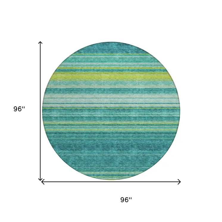 8' Teal Blue Lime Green And Turquoise Round Striped Washable Indoor Outdoor Area Rug