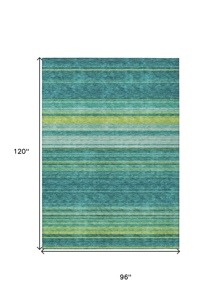 8' X 10' Teal Blue Lime Green And Turquoise Striped Washable Indoor Outdoor Area Rug