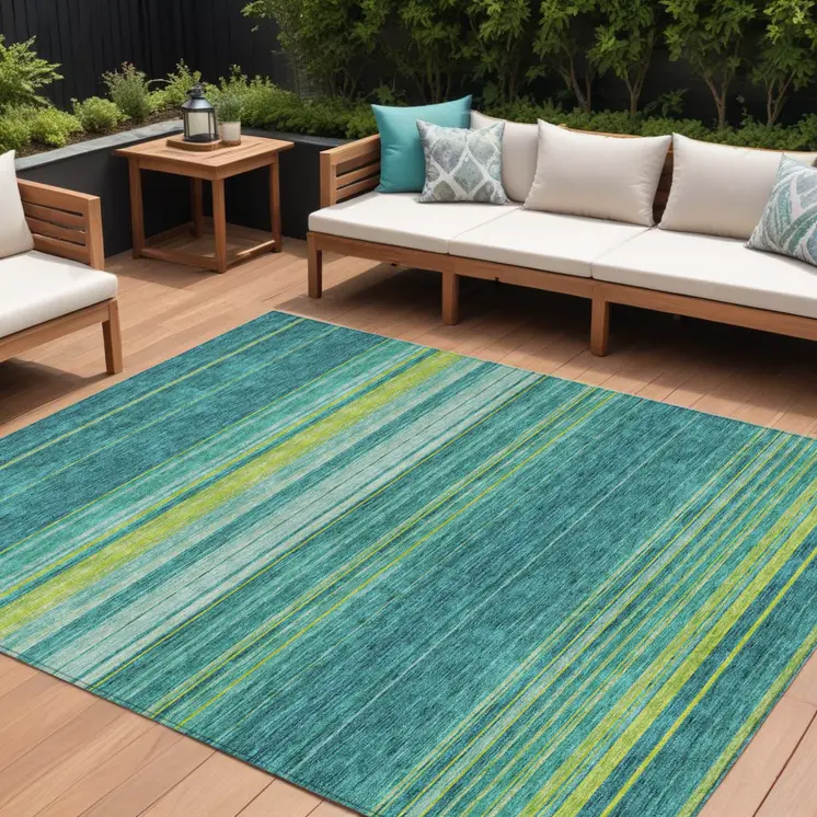 8' X 10' Teal Blue Lime Green And Turquoise Striped Washable Indoor Outdoor Area Rug