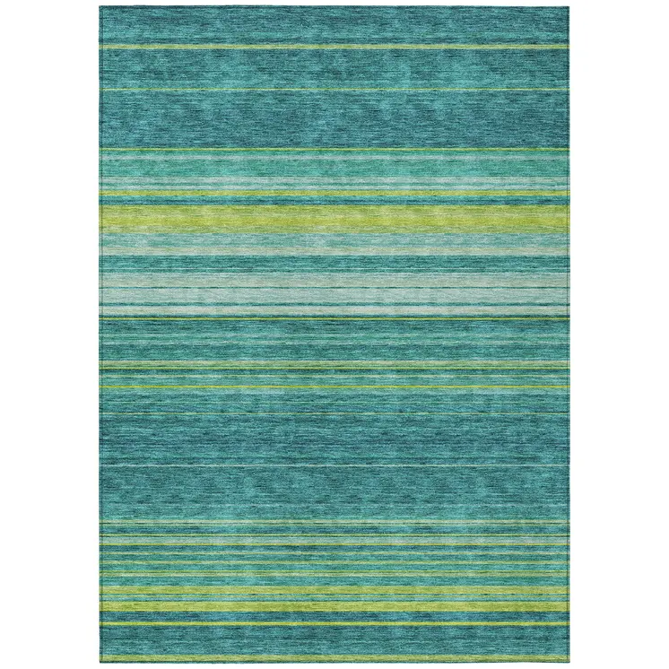 8' X 10' Teal Blue Lime Green And Turquoise Striped Washable Indoor Outdoor Area Rug