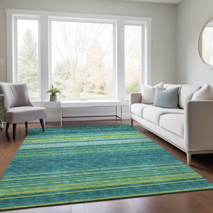 8' X 10' Teal Blue Lime Green And Turquoise Striped Washable Indoor Outdoor Area Rug