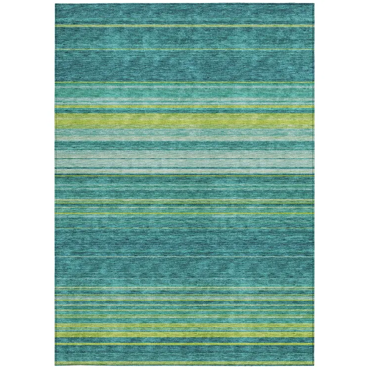 9' X 12' Teal Blue Lime Green And Turquoise Striped Washable Indoor Outdoor Area Rug