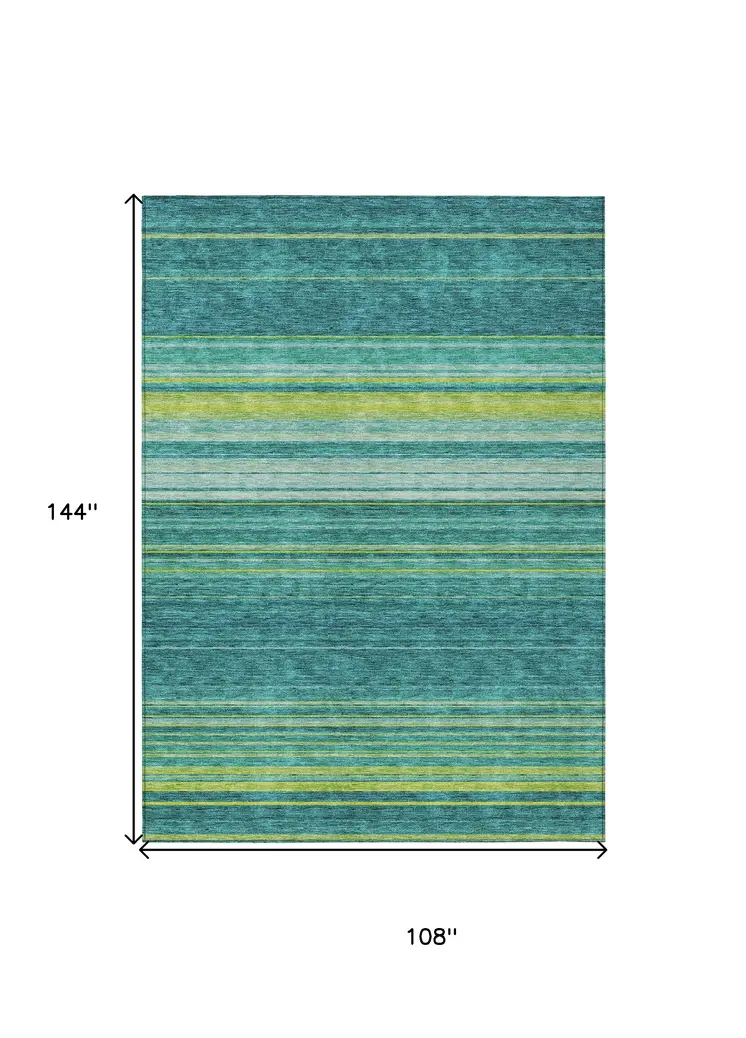 9' X 12' Teal Blue Lime Green And Turquoise Striped Washable Indoor Outdoor Area Rug