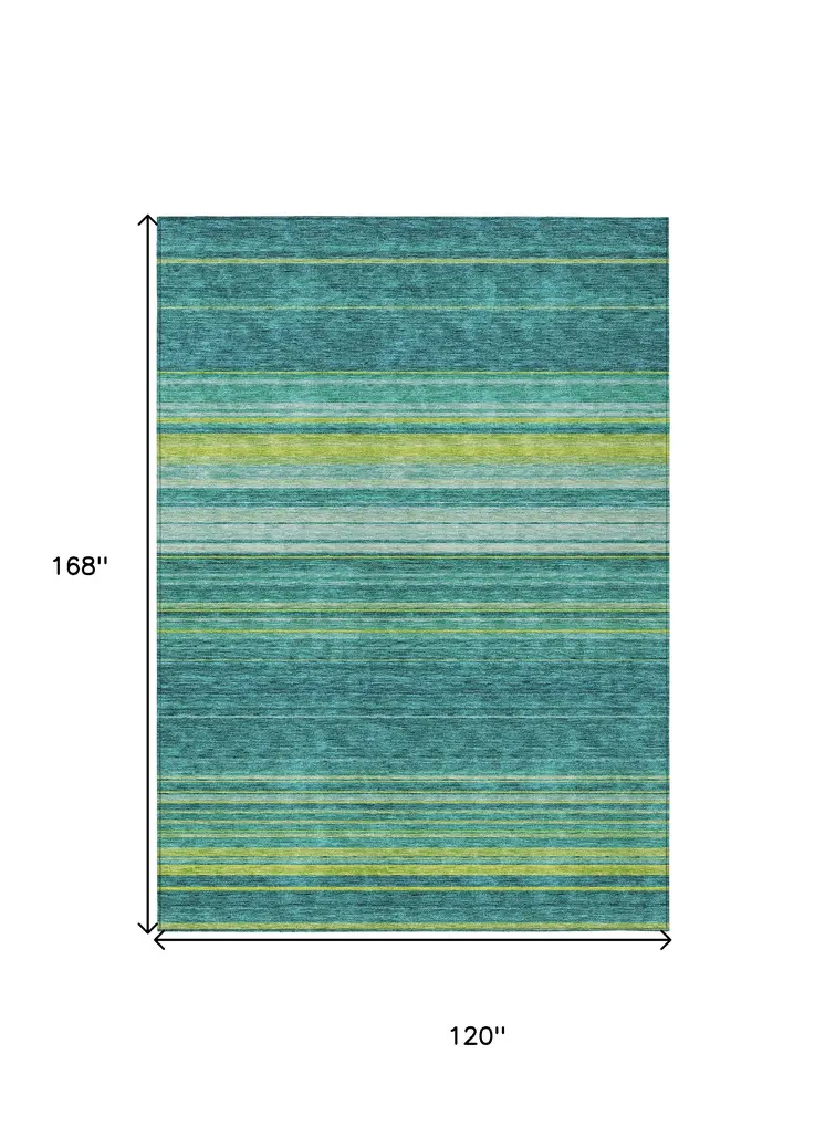 10' X 14' Teal Blue Lime Green And Turquoise Striped Washable Indoor Outdoor Area Rug