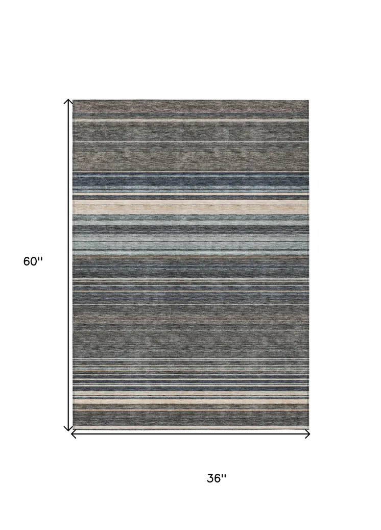 3' X 5' Taupe Beige And Pewter Striped Washable Indoor Outdoor Area Rug