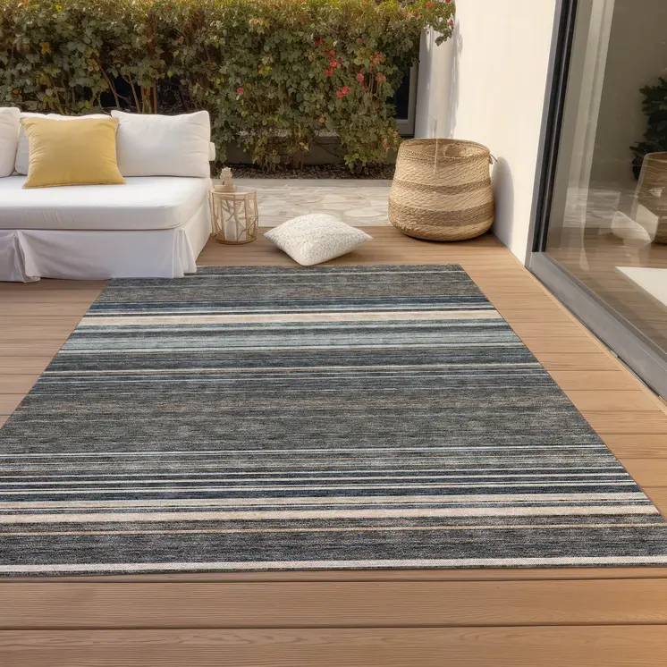 3' X 5' Taupe Beige And Pewter Striped Washable Indoor Outdoor Area Rug