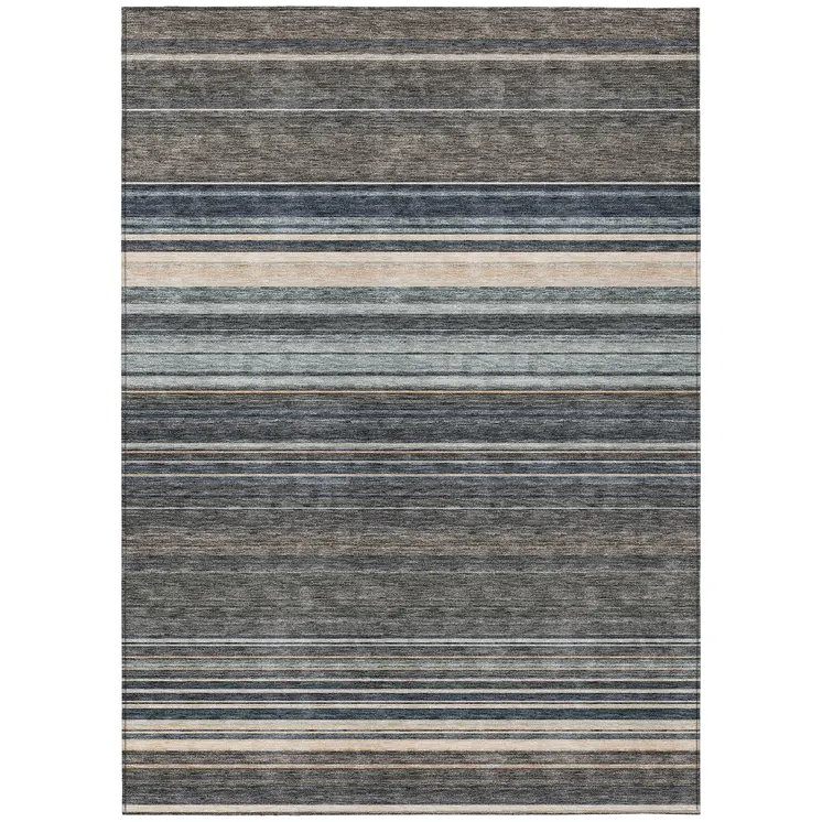 3' X 5' Taupe Beige And Pewter Striped Washable Indoor Outdoor Area Rug