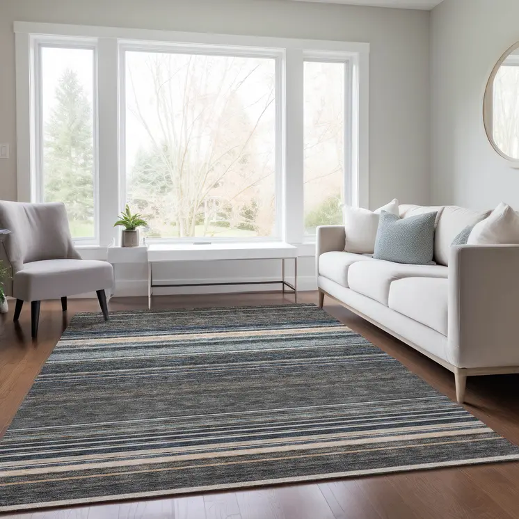 3' X 5' Taupe Beige And Pewter Striped Washable Indoor Outdoor Area Rug