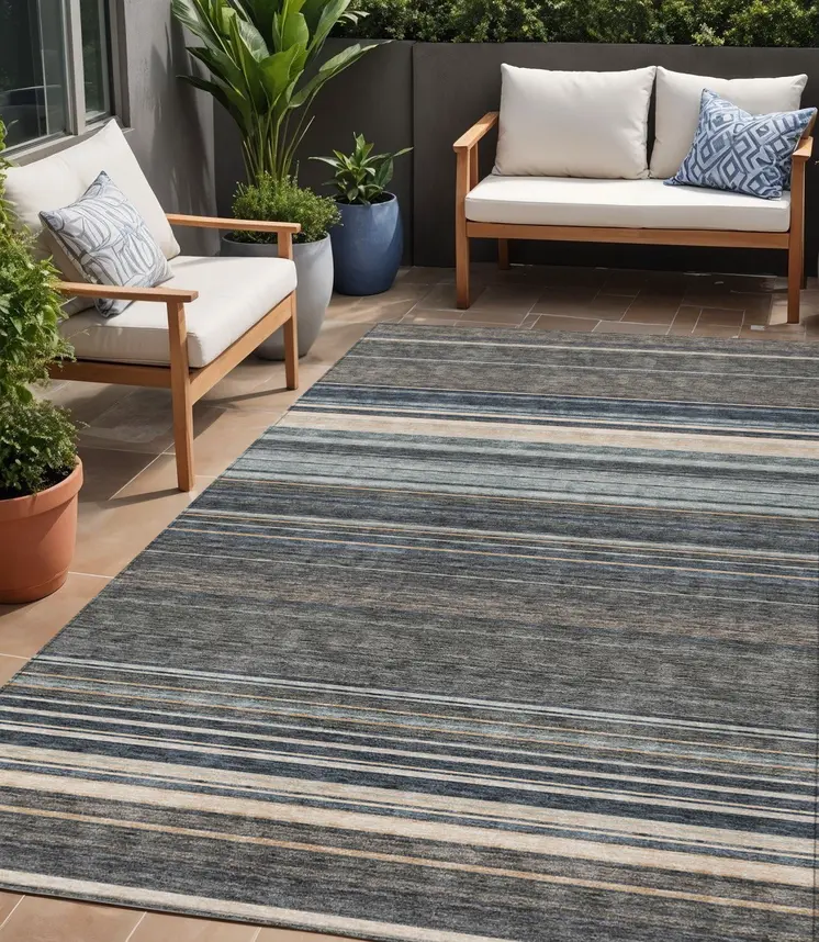 5' X 8' Taupe Beige And Pewter Striped Washable Indoor Outdoor Area Rug