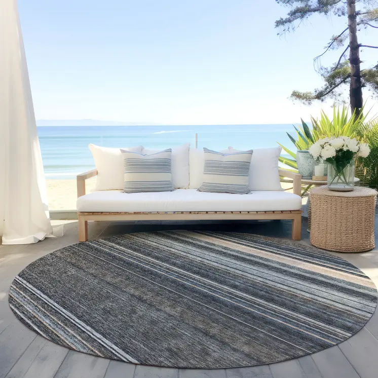 8' Taupe Beige And Pewter Round Striped Washable Indoor Outdoor Area Rug