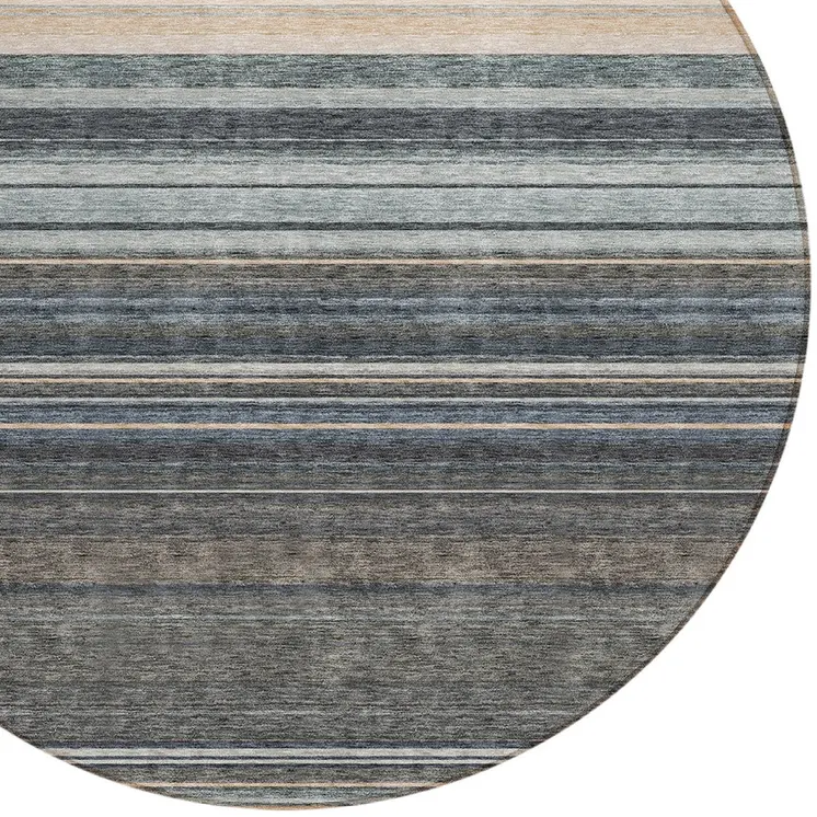 8' Taupe Beige And Pewter Round Striped Washable Indoor Outdoor Area Rug