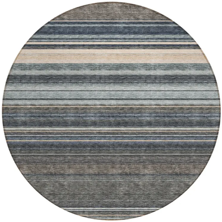 8' Taupe Beige And Pewter Round Striped Washable Indoor Outdoor Area Rug