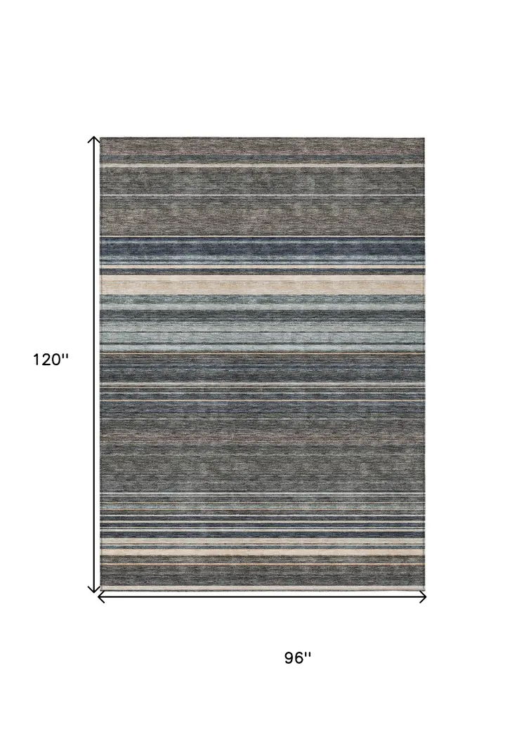 8' X 10' Taupe Beige And Pewter Striped Washable Indoor Outdoor Area Rug