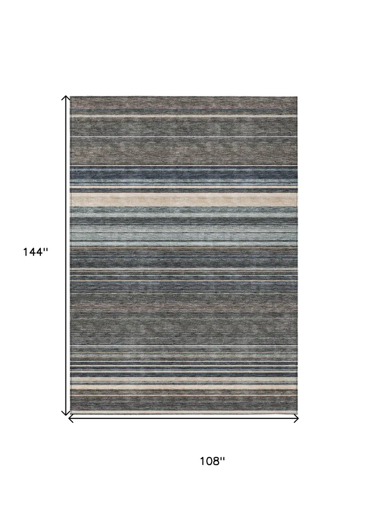 9' X 12' Taupe Beige And Pewter Striped Washable Indoor Outdoor Area Rug