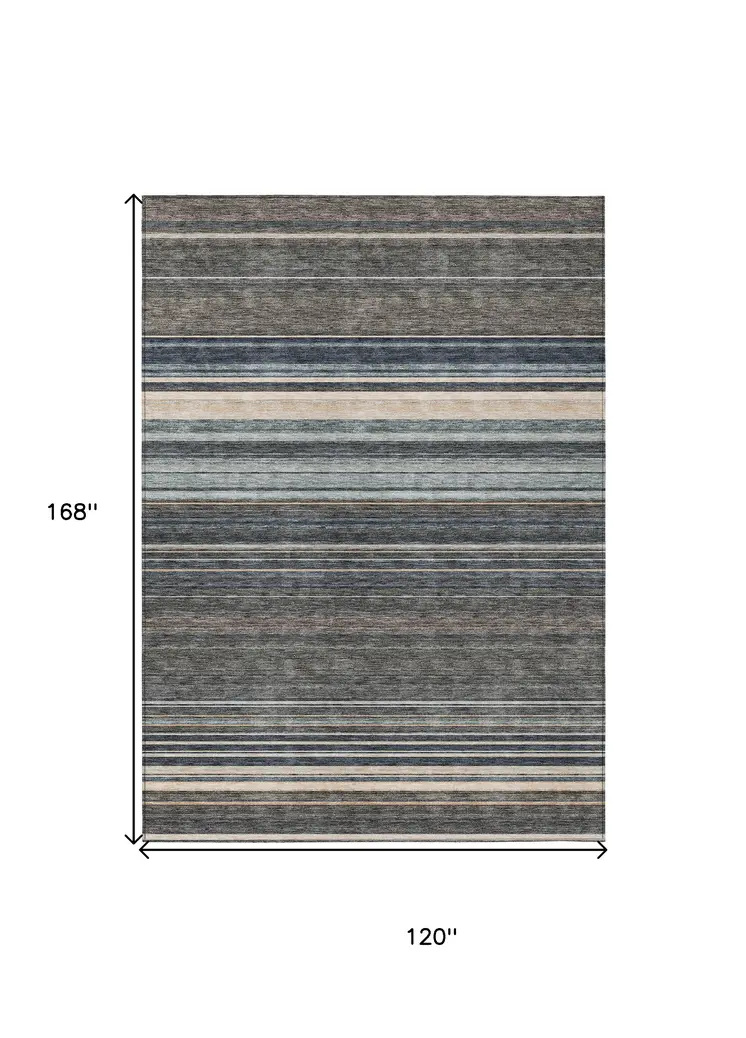 10' X 14' Taupe Beige And Pewter Striped Washable Indoor Outdoor Area Rug