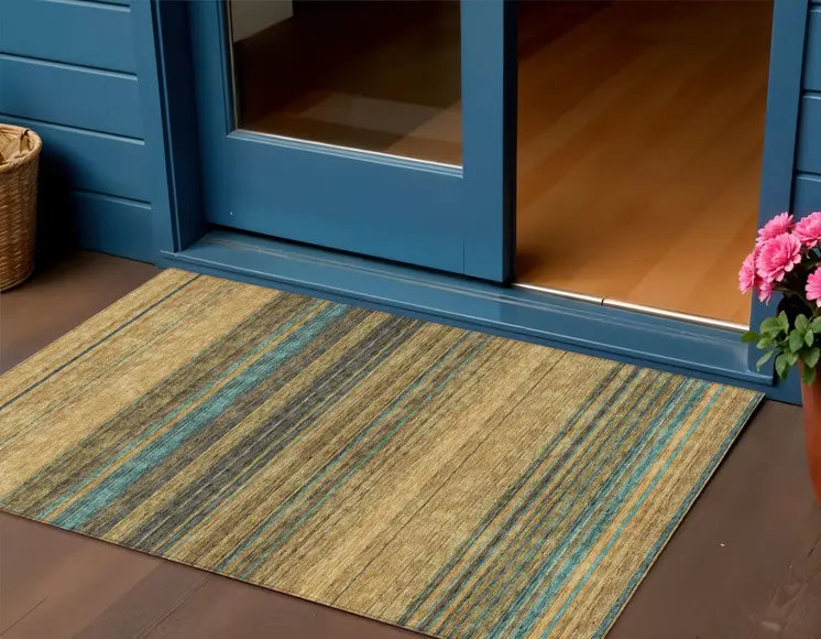 3' X 5' Wheat Brown And Teal Blue Striped Washable Indoor Outdoor Area Rug