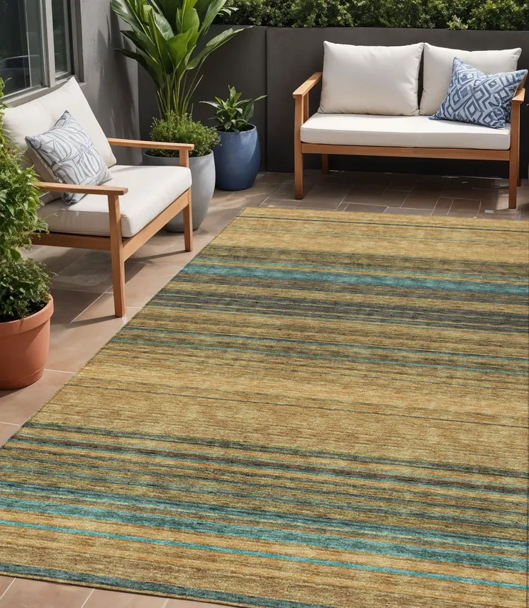 5' X 8' Wheat Brown And Teal Blue Striped Washable Indoor Outdoor Area Rug